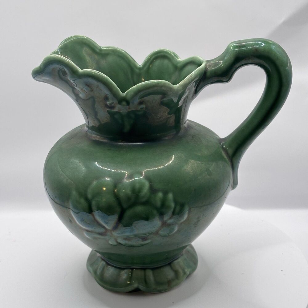 Vintage Green Art Pottery Pitcher Mid-Century American Pottery Ruffled Rim 1940s